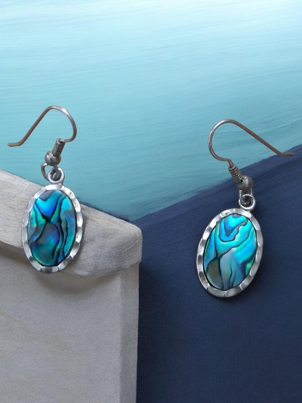 Silver Abalone Oval Drop Earrings in Blue-Green
